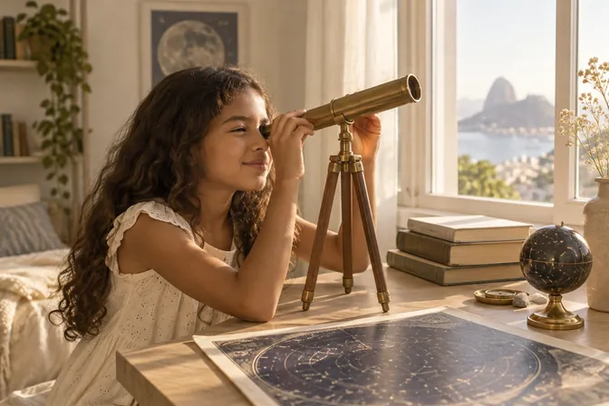 Menina observando por um telescópio