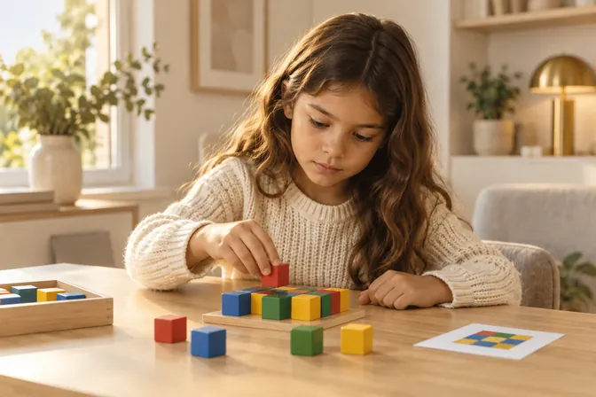 Criança montando blocos coloridos numa mesa