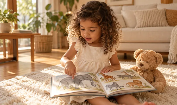 Menina pequena apontando para um elefante num livro de figuras