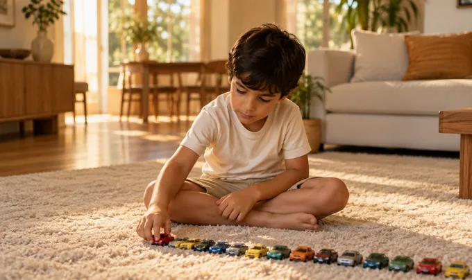 Menino brincando sozinho e enfileirando carrinhos no tapete