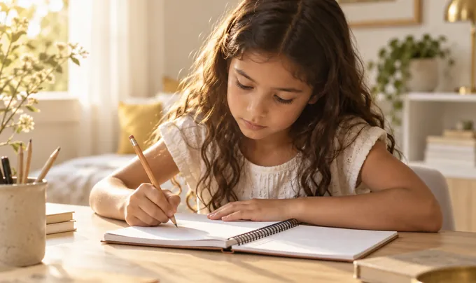 Menina escrevendo no caderno
