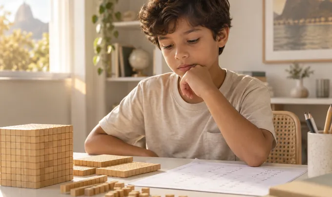 Menino pensativo diante de blocos de matemática