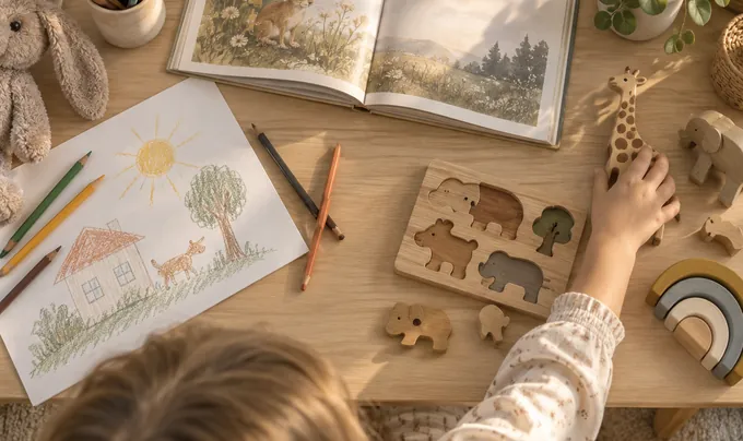 Mesa com desenhos e atividades começadas